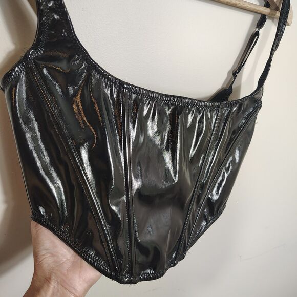 Black Patent Faux Leather Corset Bustier Top Women’s M Boned Gothic Grunge Club - Picture 3 of 11